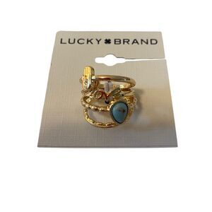 Turquoise Love Ring Stack in Bright Gold Tone.  Four Rings in Total.